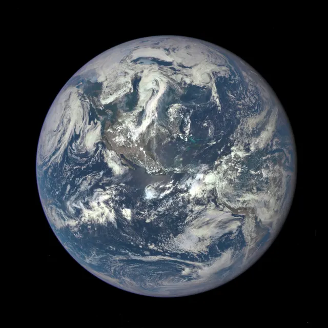Earth fully lit, with oceans, clouds and continents, photographed by the EPIC camera on the DSCOVR satellite