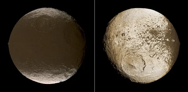 The two faces of Iapetus, one dark and one bright, in two Cassini photos placed side by side
