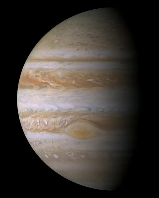 Jupiter with its cloud bands and the Great Red Spot, in a true-colour mosaic from the Cassini spacecraft