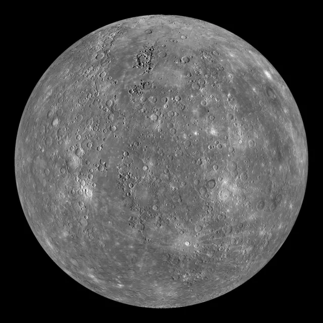Mercury, grey and covered in craters, in a mosaic from the MESSENGER spacecraft