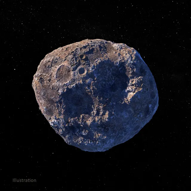 NASA illustration of the asteroid Psyche, irregular and metallic-looking; there are no close-up photos yet