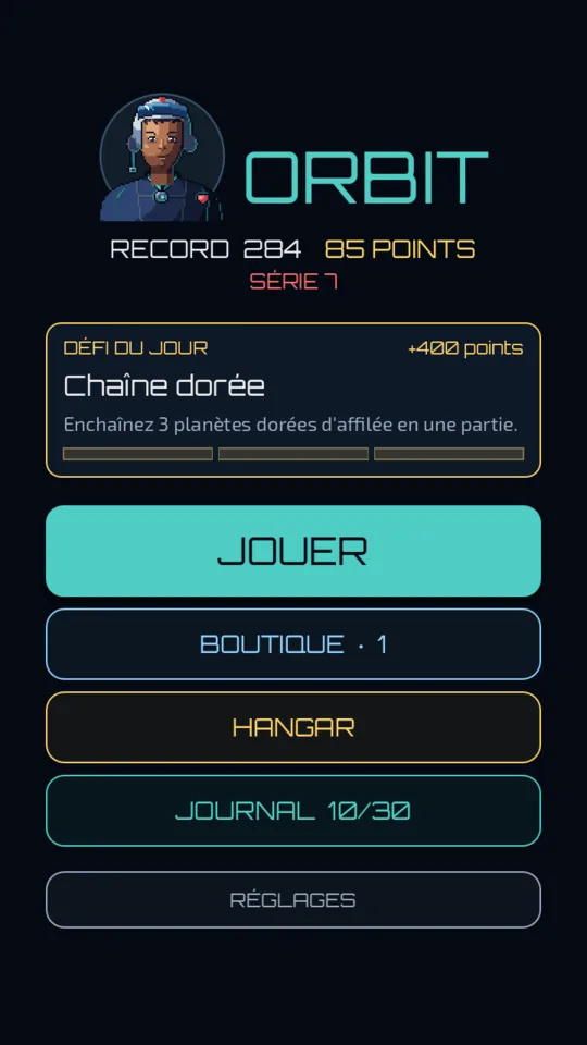Menu principal avec le défi du jour