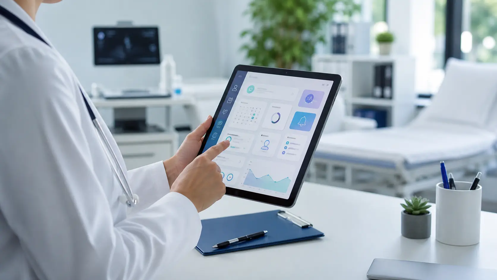 Profesional sanitario consultando agenda y avisos de pacientes desde una tablet en una clínica