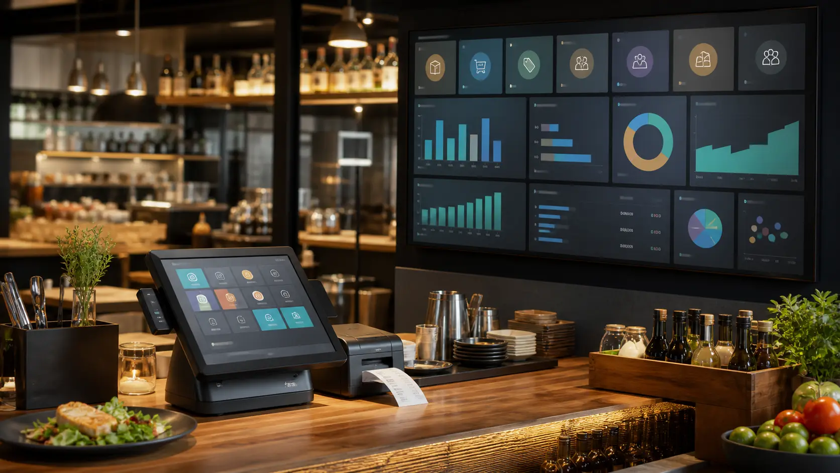 TPV y panel de control para gestión de restaurante con KPIs de margen, ventas y mermas