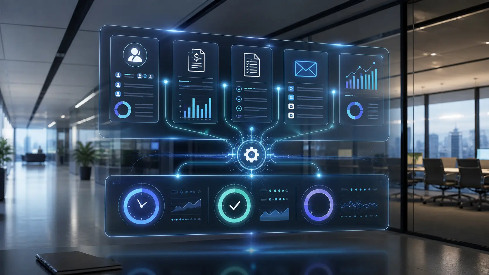 Dashboard de control de automatizaciones empresariales conectando CRM, facturación y reporting
