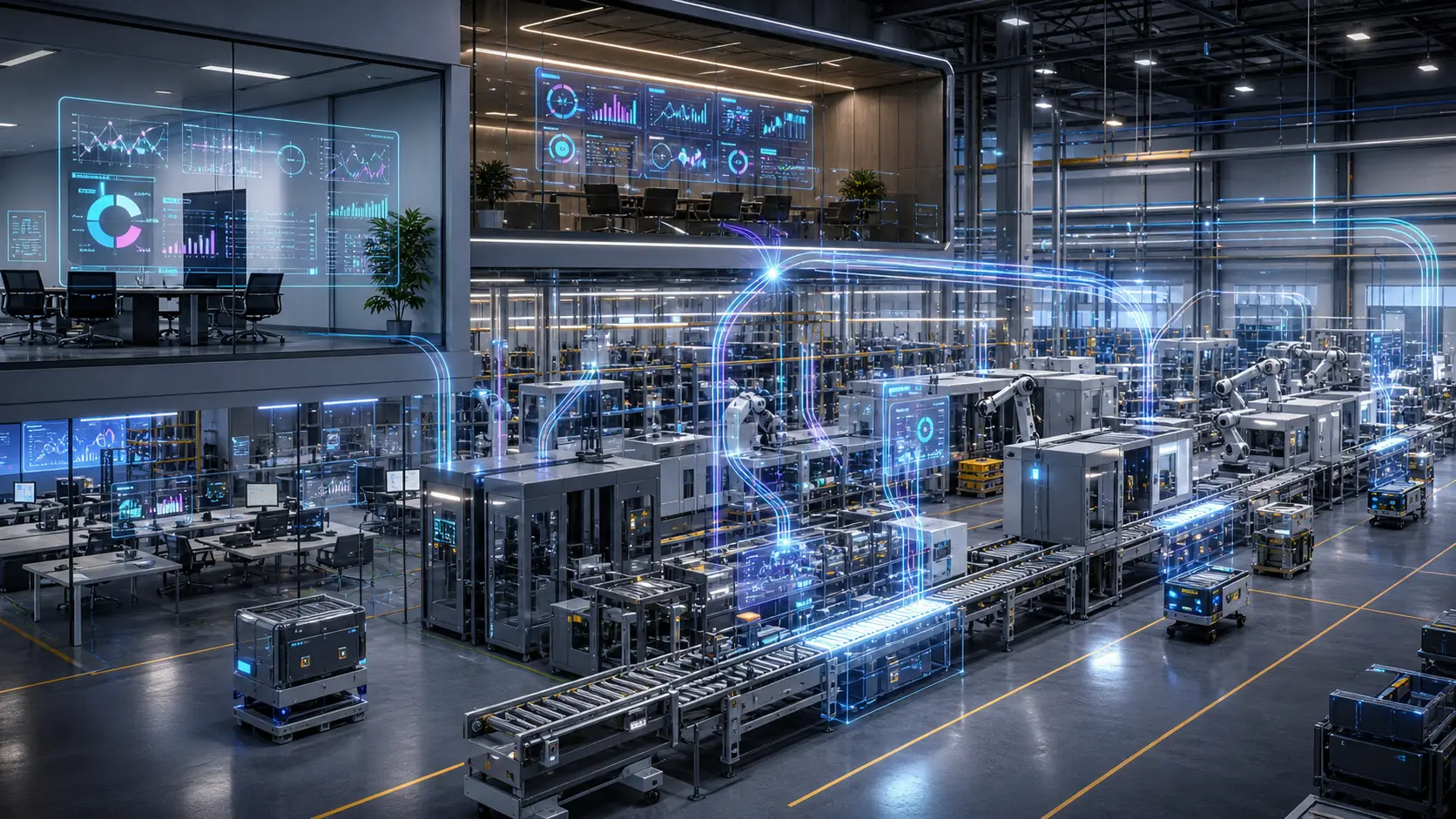 Nave industrial con sensores IoT y dashboard operativo de producción, stock e incidencias en tiempo real