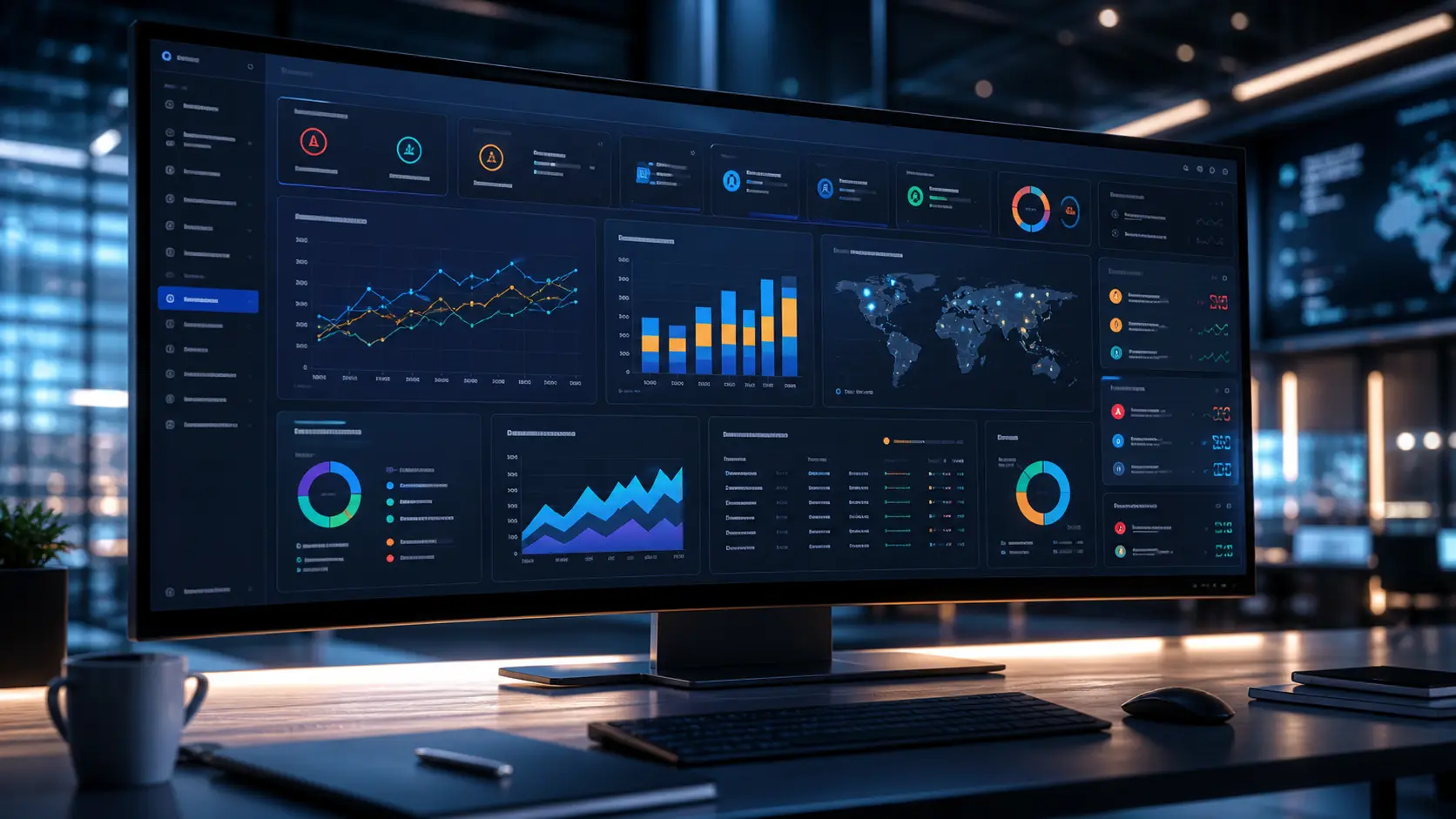 Diagrama de sistemas empresariales (CRM, ERP, Excel, bases de datos) conectados a una capa central de integración