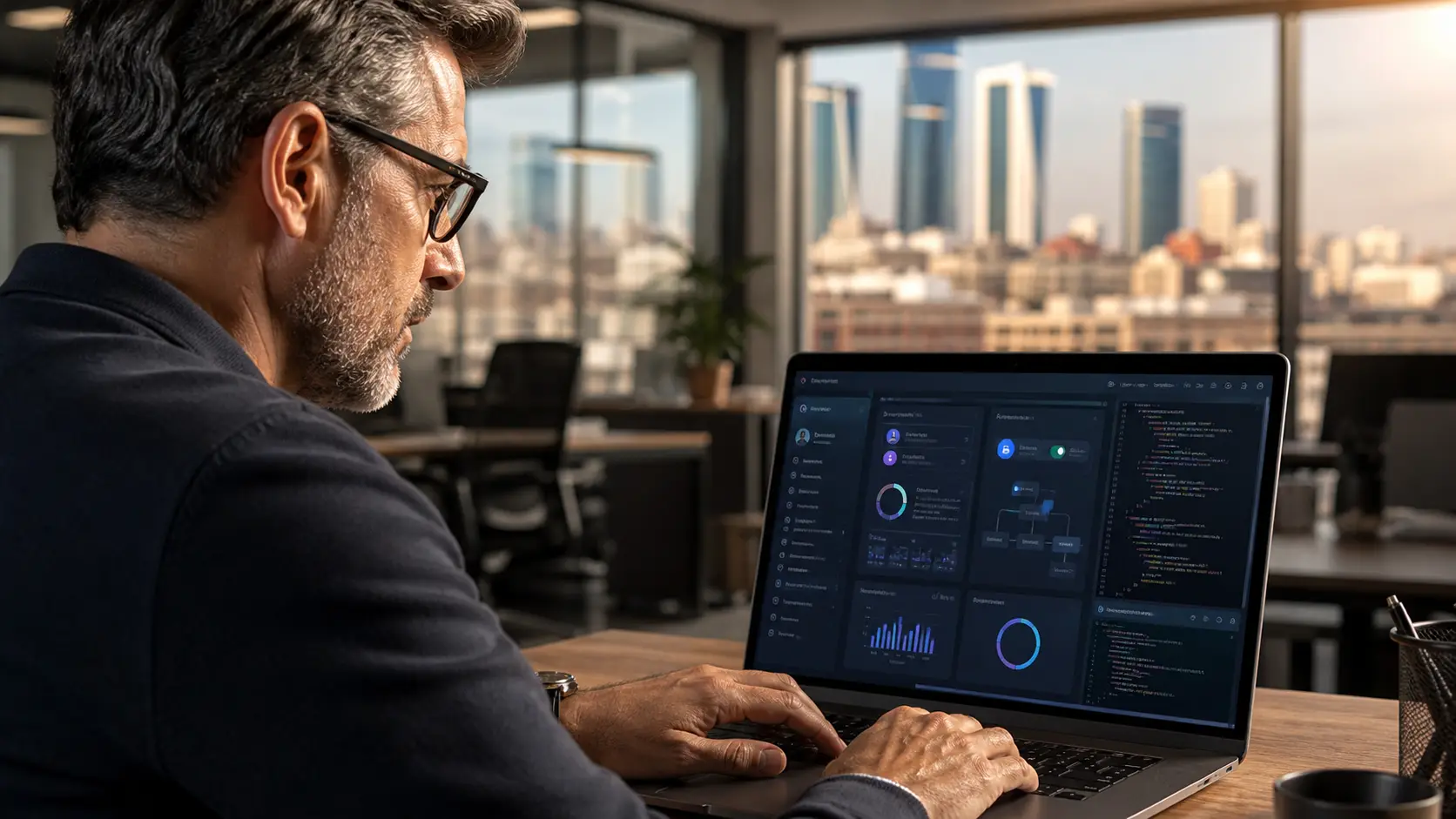 Desarrollador trabajando en software a medida en Madrid sobre un panel operativo de negocio