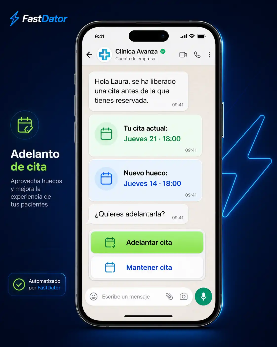 Ejemplo de mensaje de WhatsApp para adelantar una cita en clínica privada